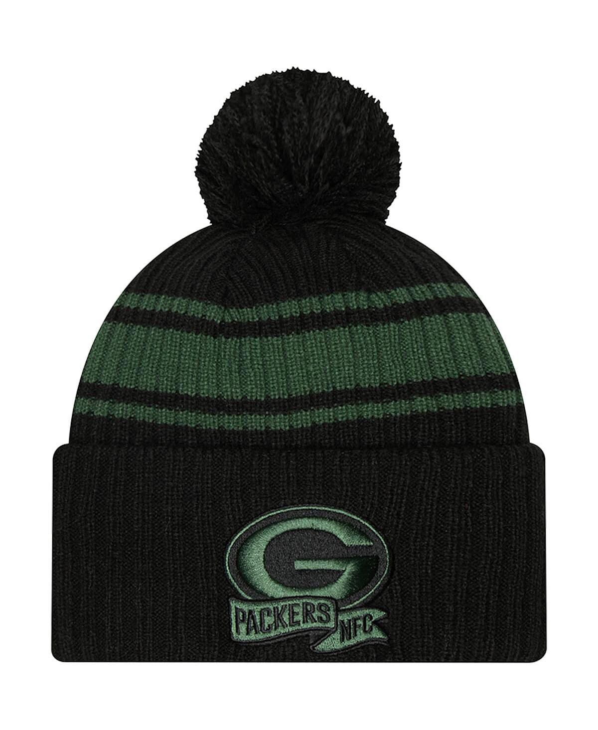 

Мужская черная вязаная шапка Green Bay Packers 2022 с манжетами и помпоном New Era