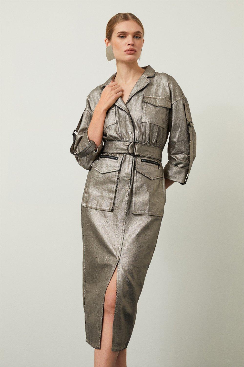 Платье-рубашка миди из джинсовой ткани металлик Karen Millen, серый