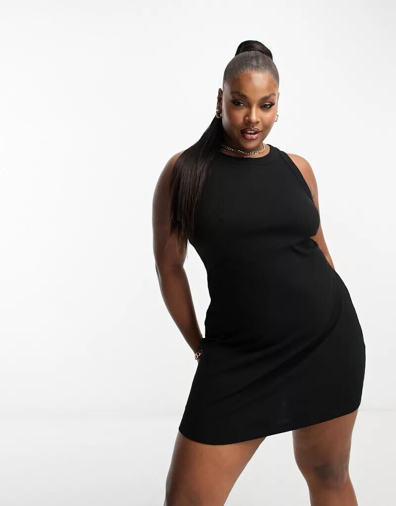 

Черное платье мини в рубчик с вырезом-борцовкой ASOS DESIGN Curve