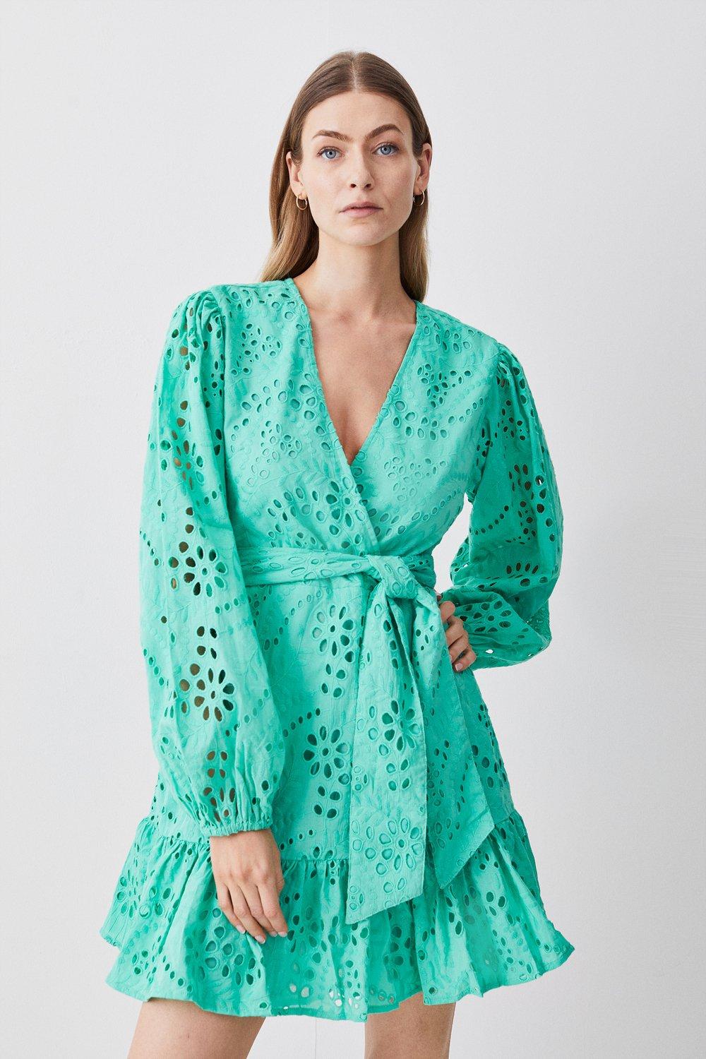 Хлопковое мини-платье с запахом и вышивкой Broderie Karen Millen, зеленый