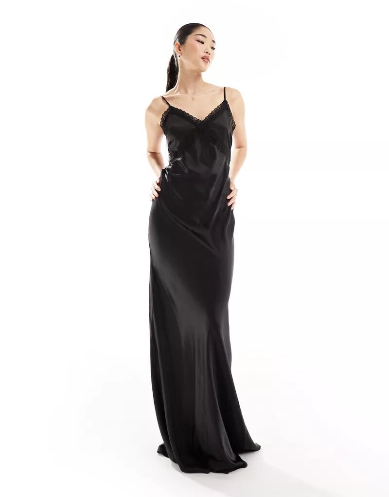 цена Черное длинное атласное платье подружки невесты с кружевной отделкой Six Stories Bridesmaids