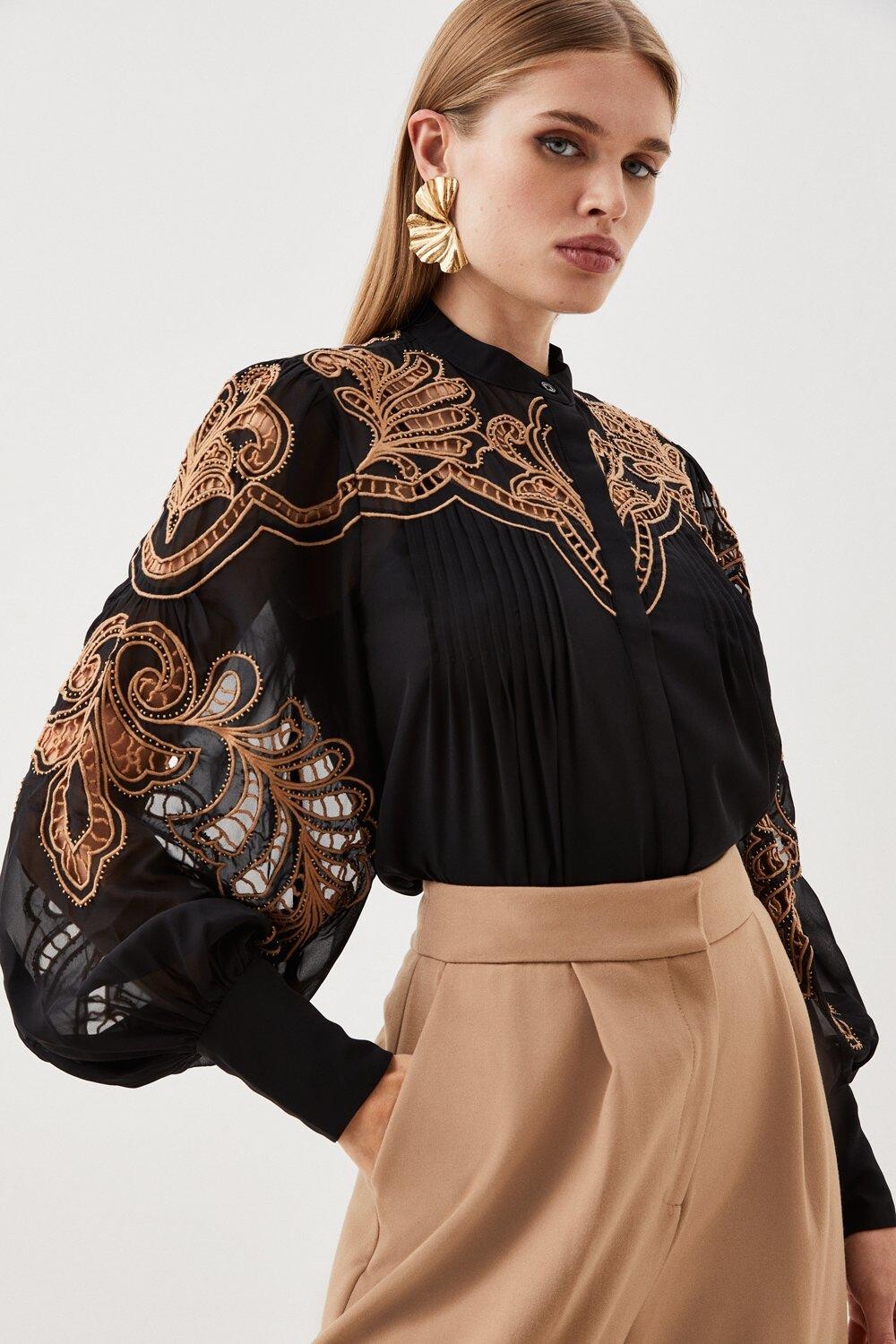 

Тканая блузка с вышивкой ришелье и бисером Karen Millen, черный