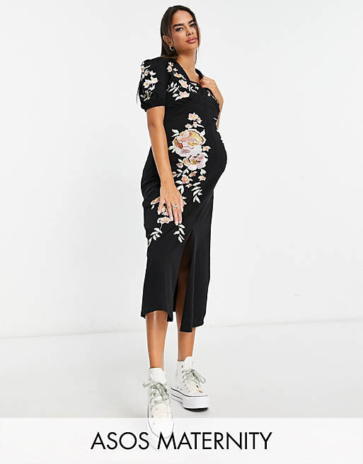 

Черное чайное платье миди с воротником и цветочной вышивкой ASOS DESIGN Maternity