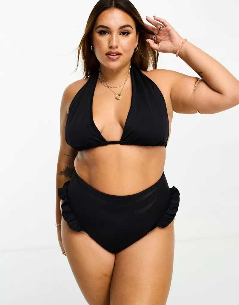 

Черные плавки бикини с завышенной талией и оборками ASOS DESIGN Curve