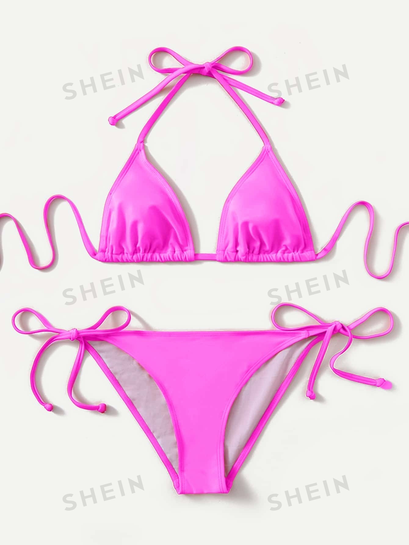 цена SHEIN Swim Vcay Женский комплект бикини с цветочной текстурой и вырезом через шею, ярко-розовый