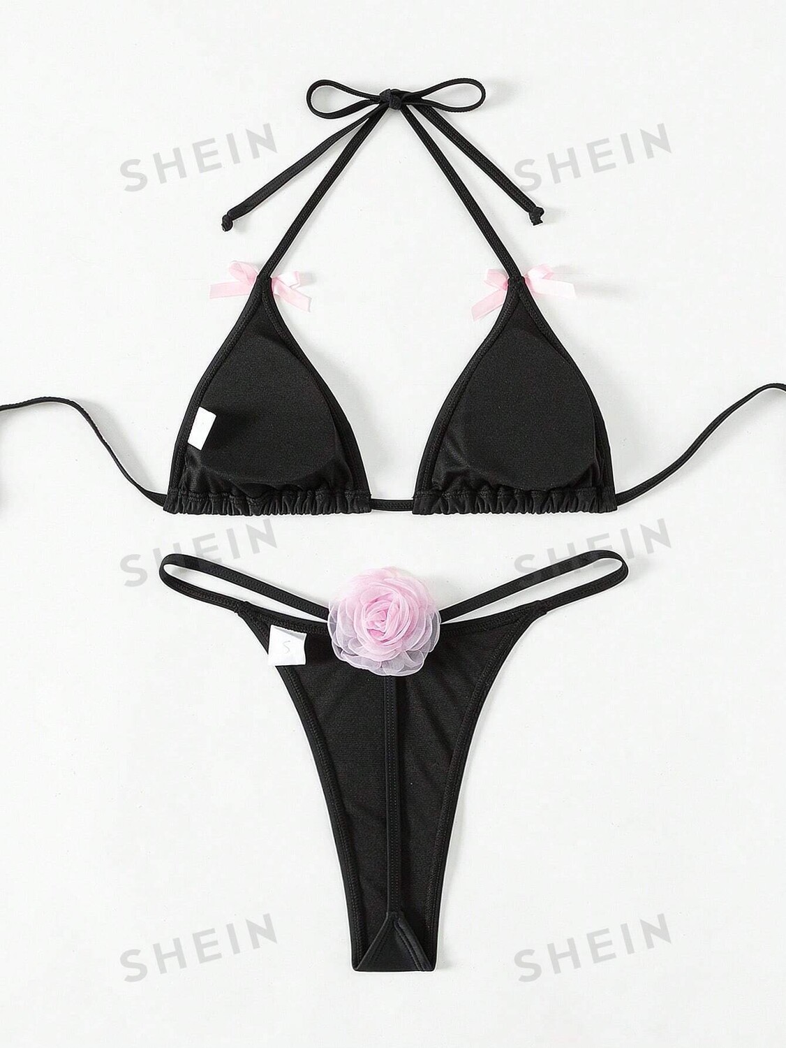 

SHEIN Swim Vcay Женский комплект бикини с цветочной текстурой и вырезом через шею, черный