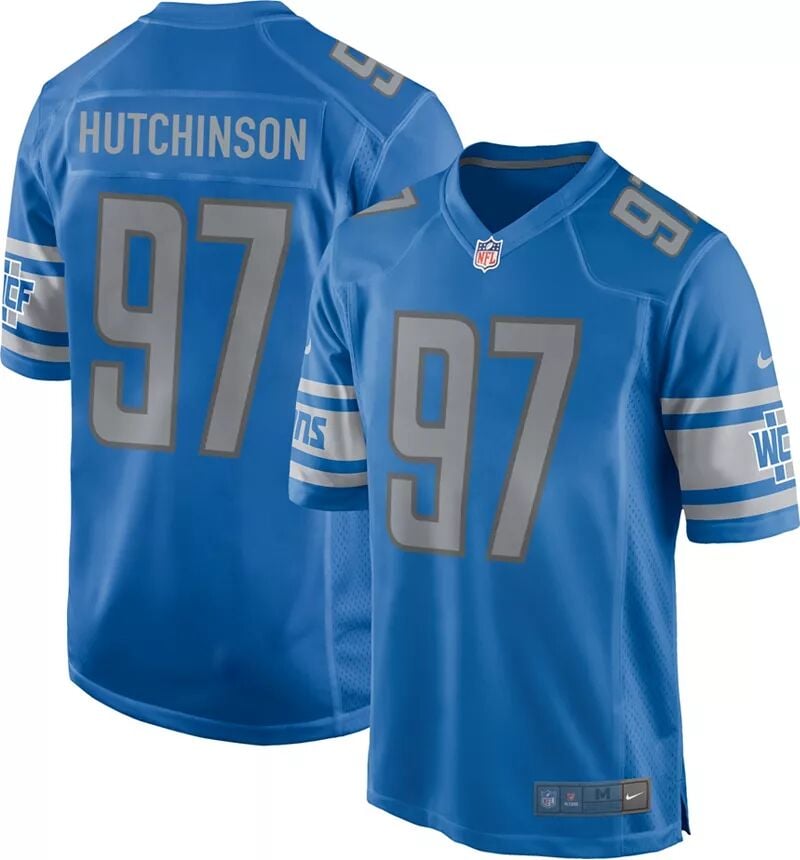 

Мужское джерси Nike Detroit Lions Aidan Hutchinson #97, синее игровое