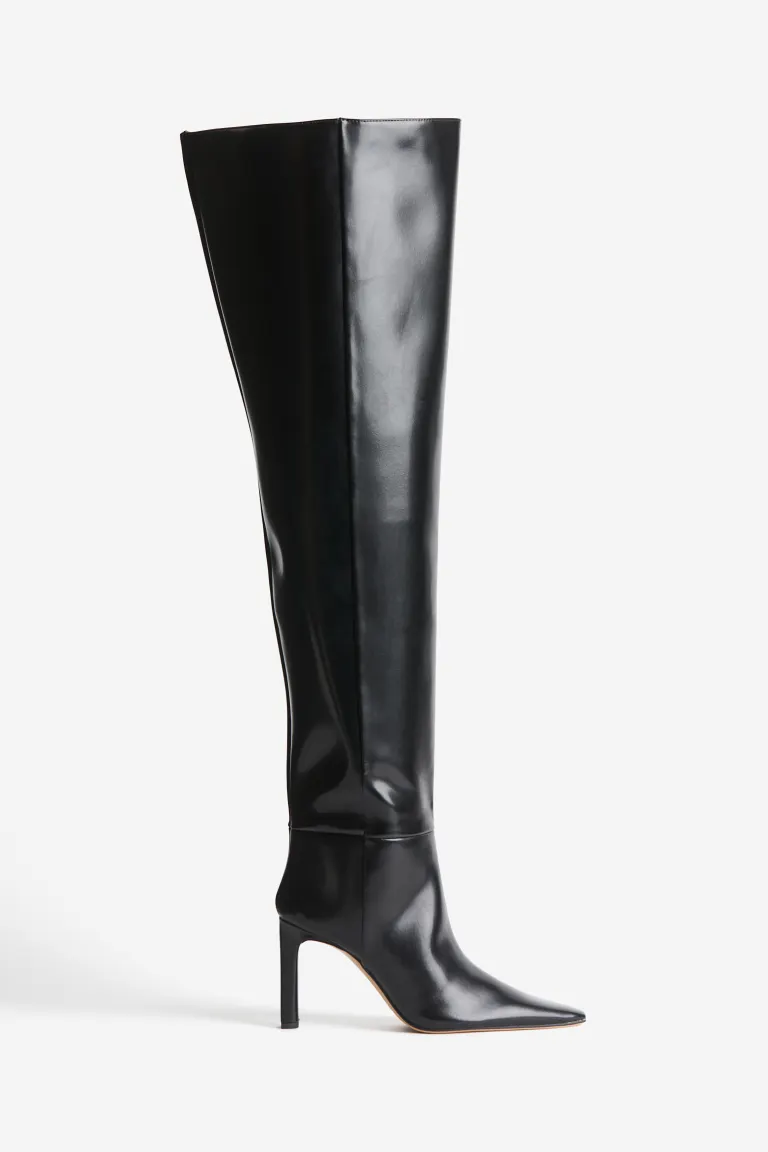 Сапоги выше колена H&M, черный женские кожаные сапоги на шпильке черные сапоги выше колена с острым носком и боковой молнией 2024