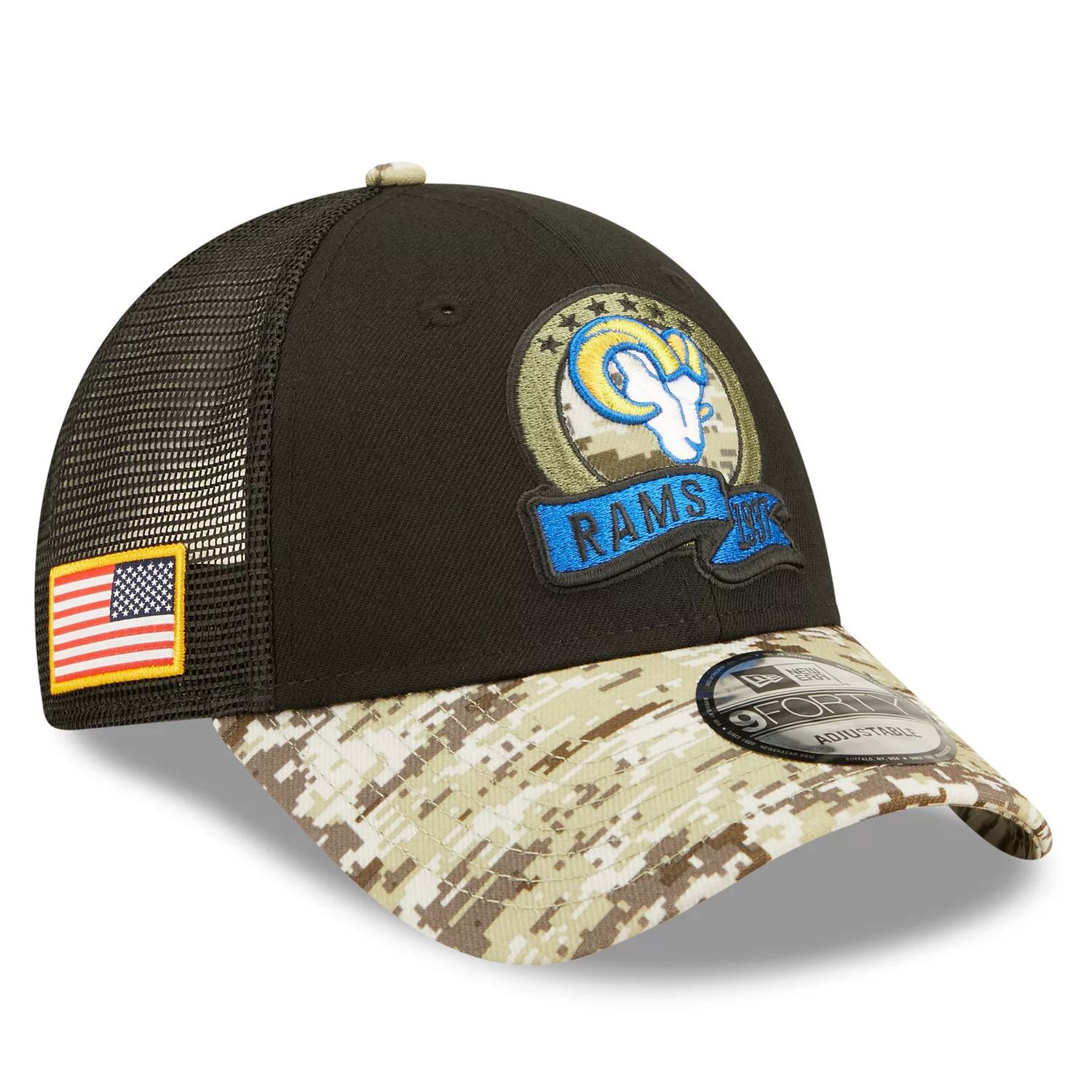 

Мужская кепка New Era Black/Camo Los Angeles Rams 2022 Salute To Service 9FORTY Snapback Trucker Hat