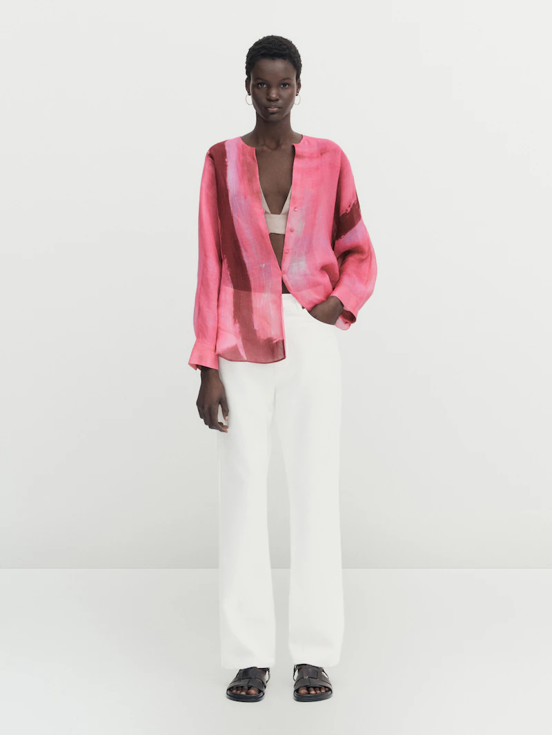 

рубашка из рами в стиле колор-блок Massimo Dutti, розовый