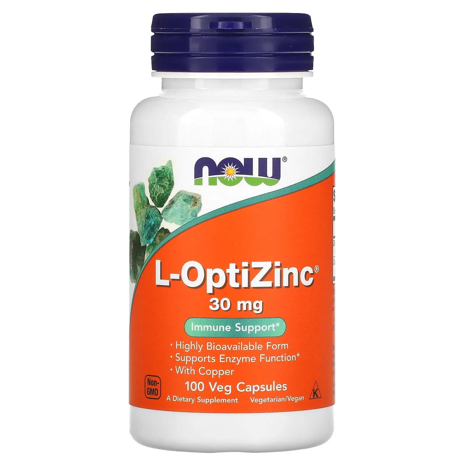 Now Foods L-OptiZinc 30 мг 100 вегетарианских капсул now foods добавка для энергии с пирролохинолинхиноном 20 мг 30 вегетарианских капсул