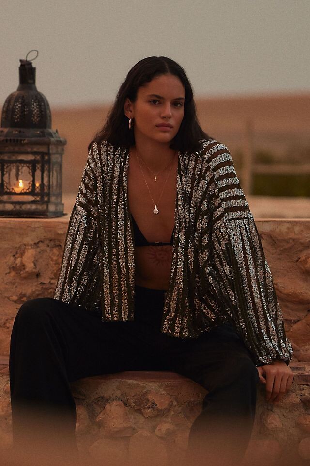

Кимоно в полоску с пайетками от Anthropologie, зеленый