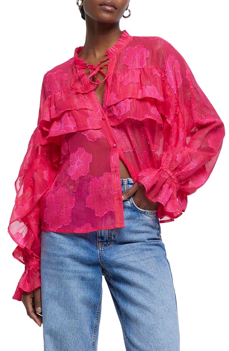

Жаккардовый топ с рюшами и завязками на шее RIVER ISLAND, розовый