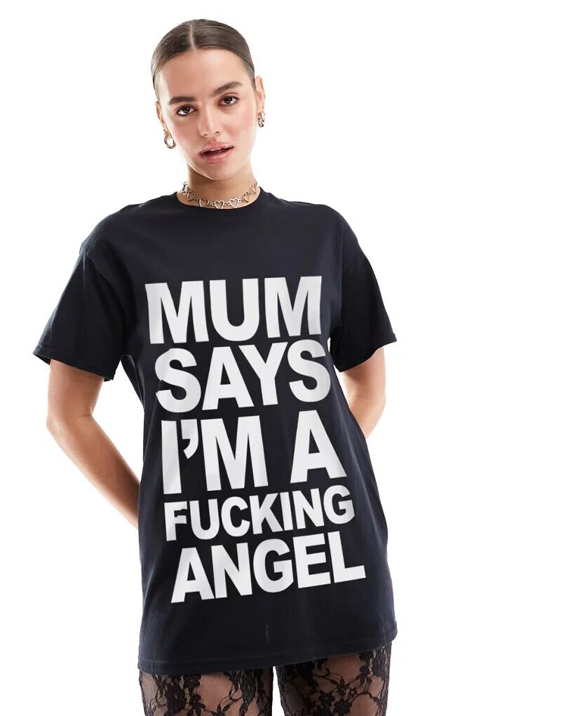 

Черная оверсайз-футболка с надписью «My Mum Says» ASOS