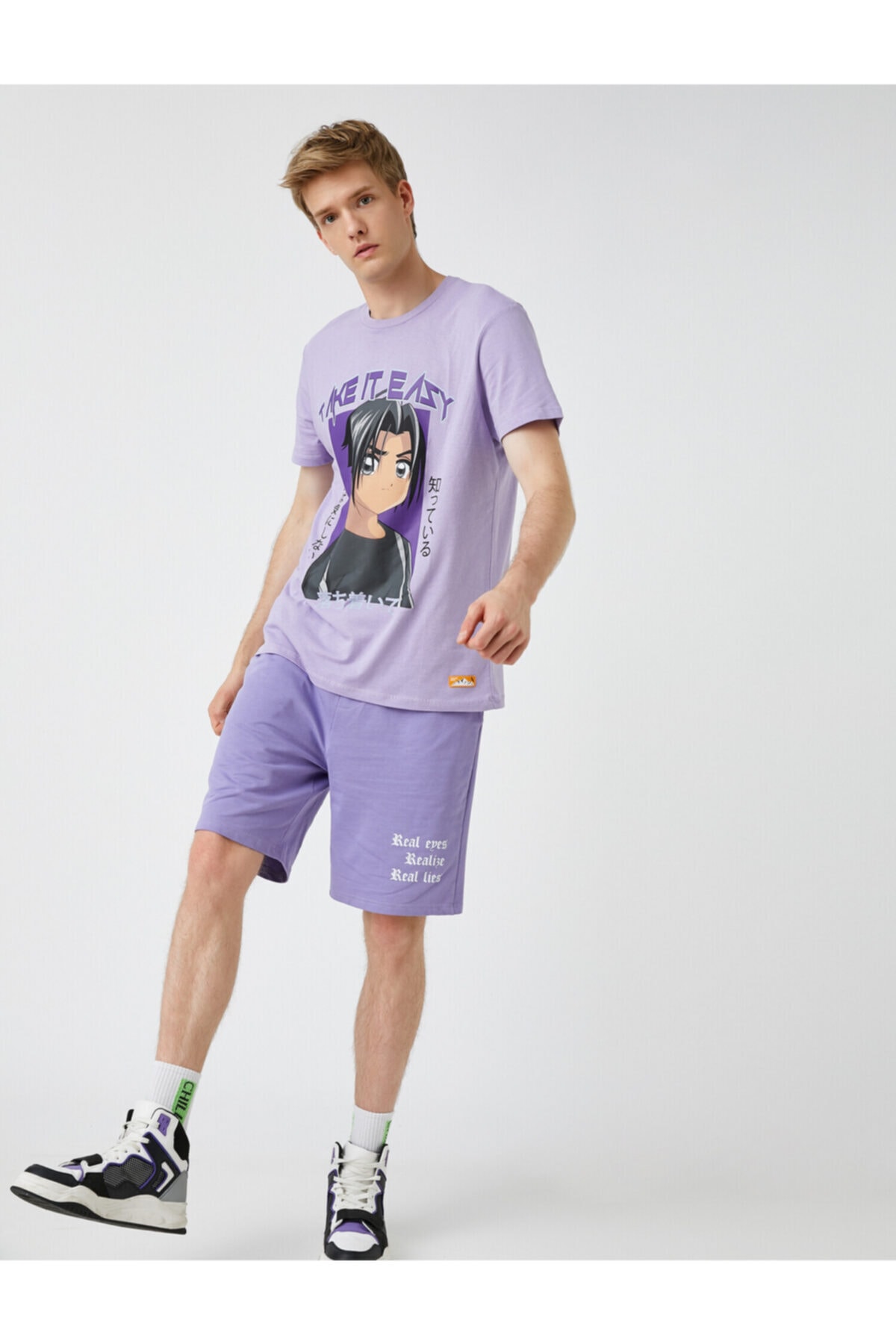 Хлопковая футболка с принтом и круглым вырезом Oversize Koton, фиолетовый