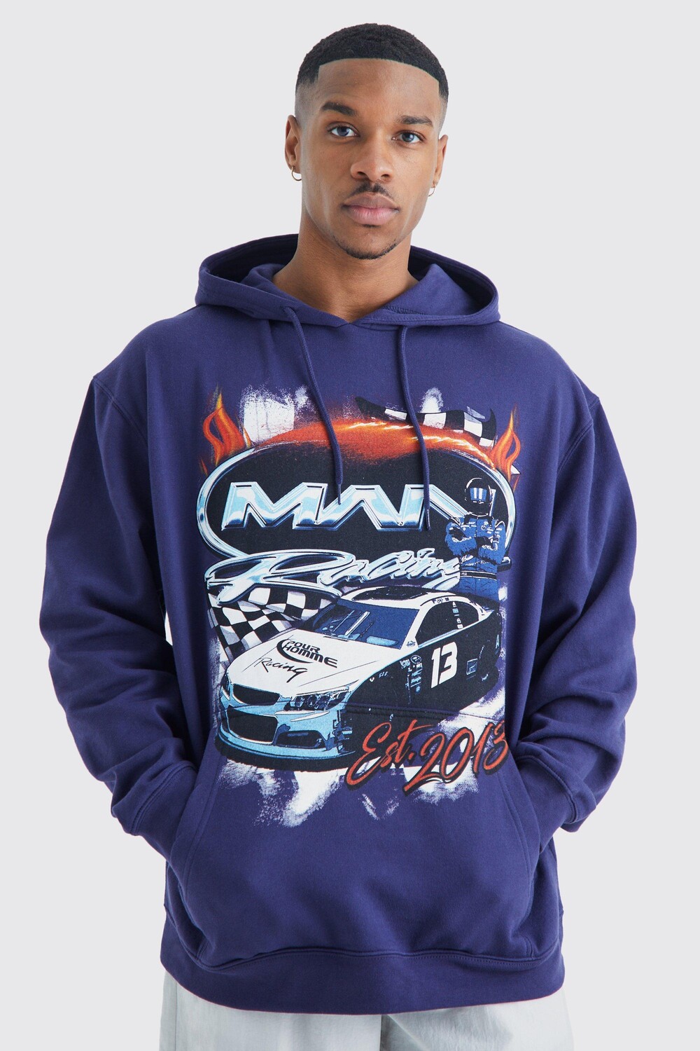 

Худи оверсайз с принтом moto racing Boohoo, нави