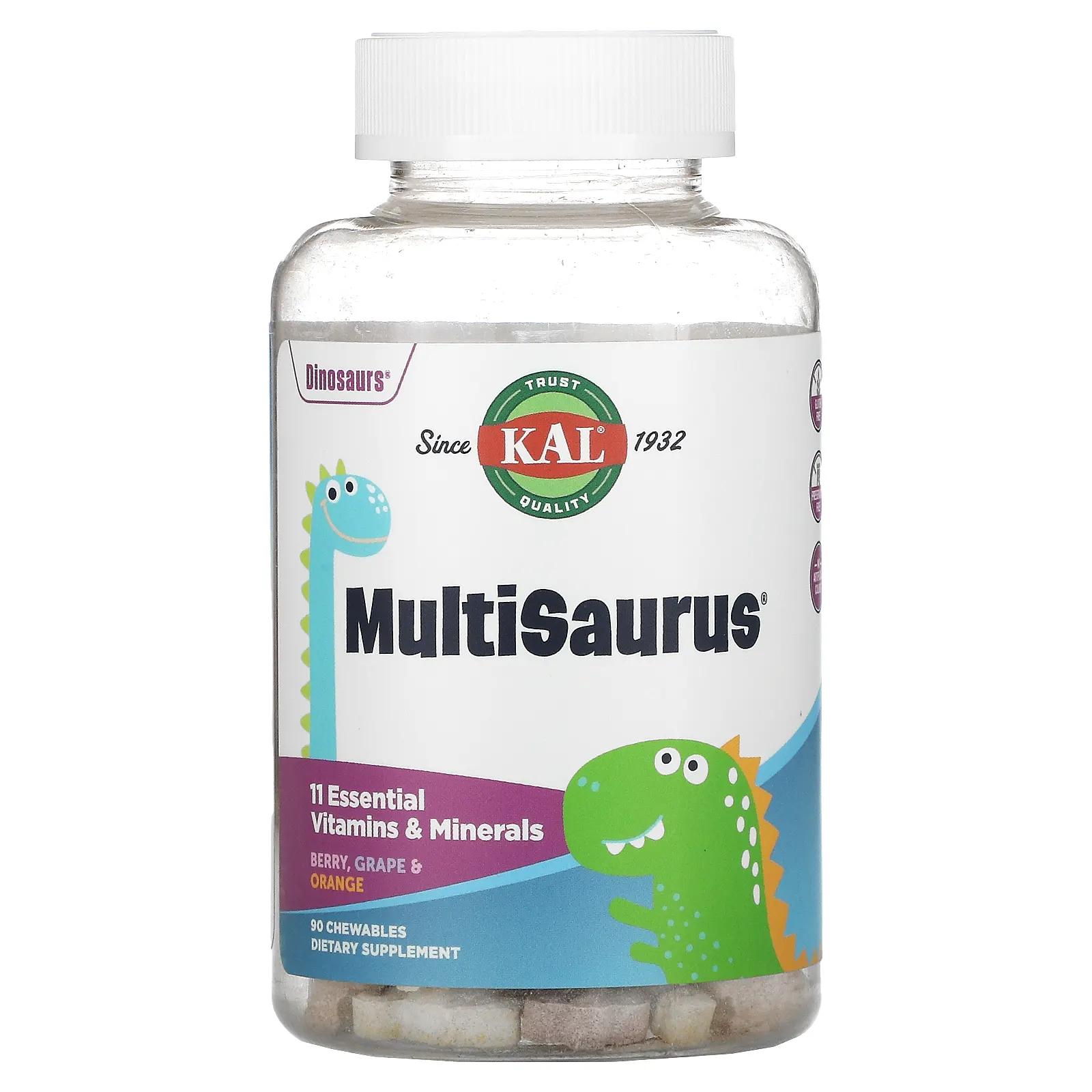 KAL Dinosaurs MultiSaurus Витамины и минералы Ягоды виноград и апельсин 90 жевательных таблеток