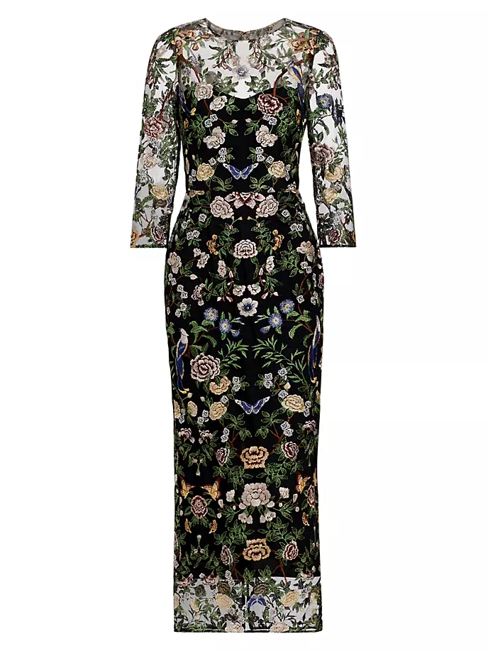 Платье-миди из тюля с ботанической вышивкой Marchesa Notte, черный