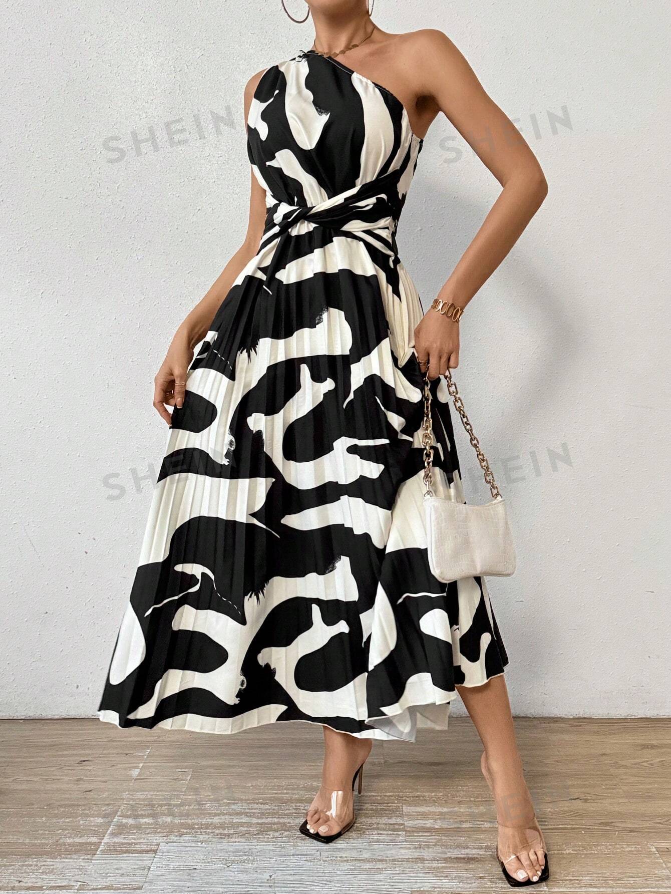 SHEIN Privé Женское платье без рукавов на одно плечо с принтом и плиссированным подолом, черное и белое