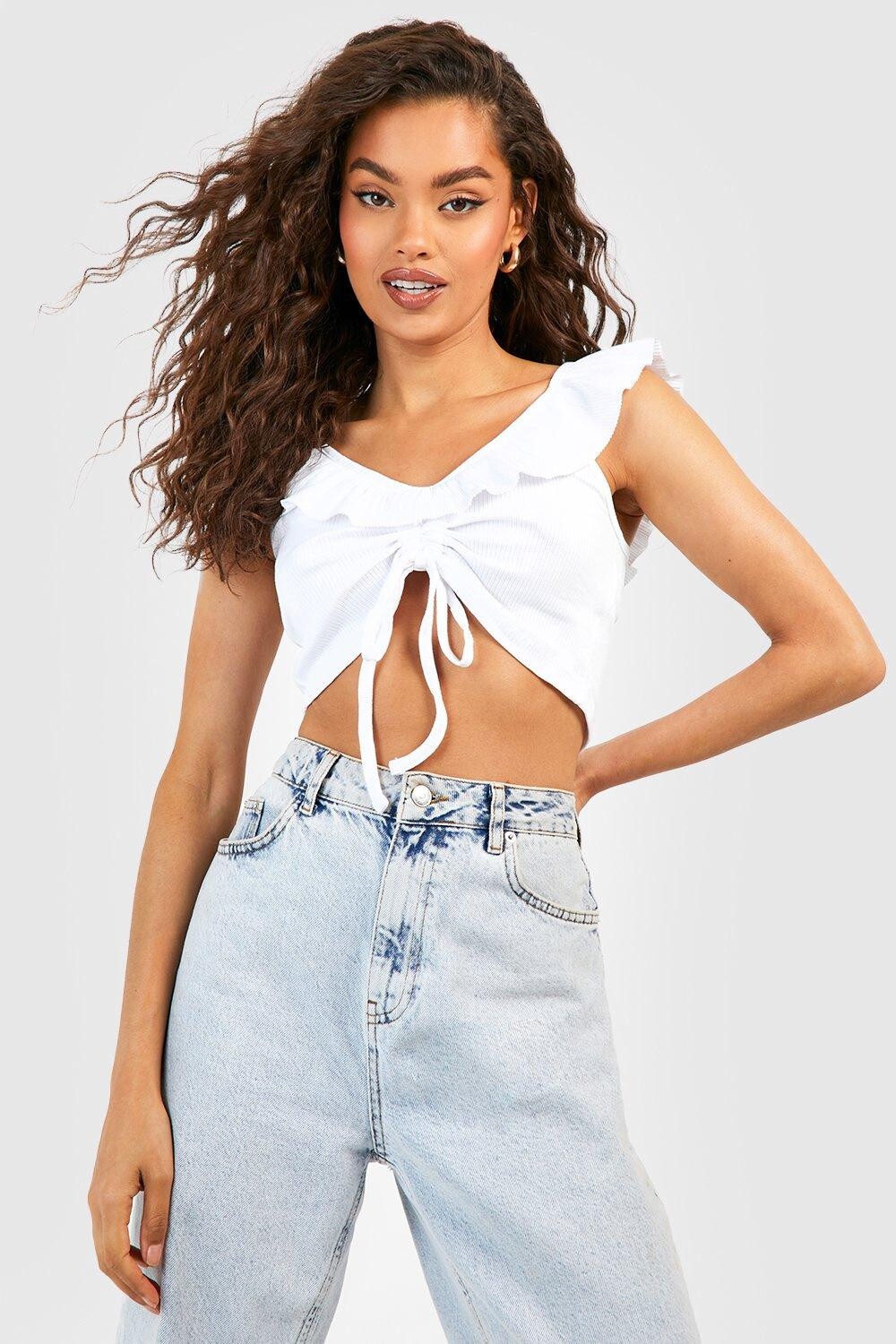 Укороченный топ со сборками и оборками Boohoo, белый