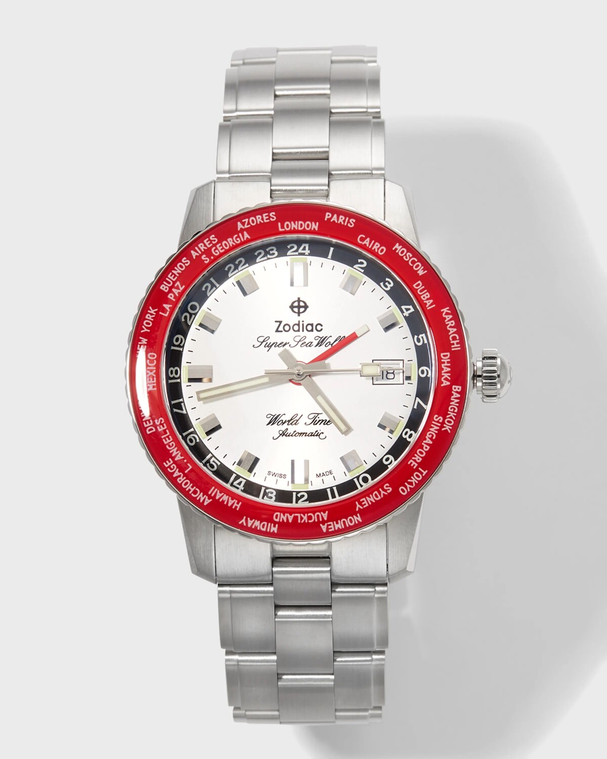 

Мужские часы-браслет Super Sea Wolf World Time ZODIAC, цвет Silver