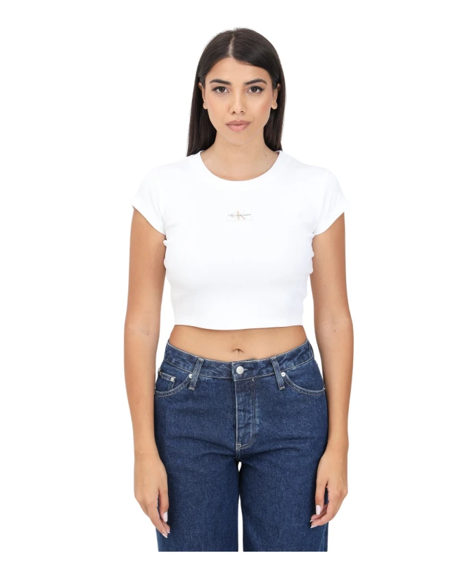 

Хлопковая футболка в рубчик с нашивкой логотипом Calvin Klein Jeans, белый