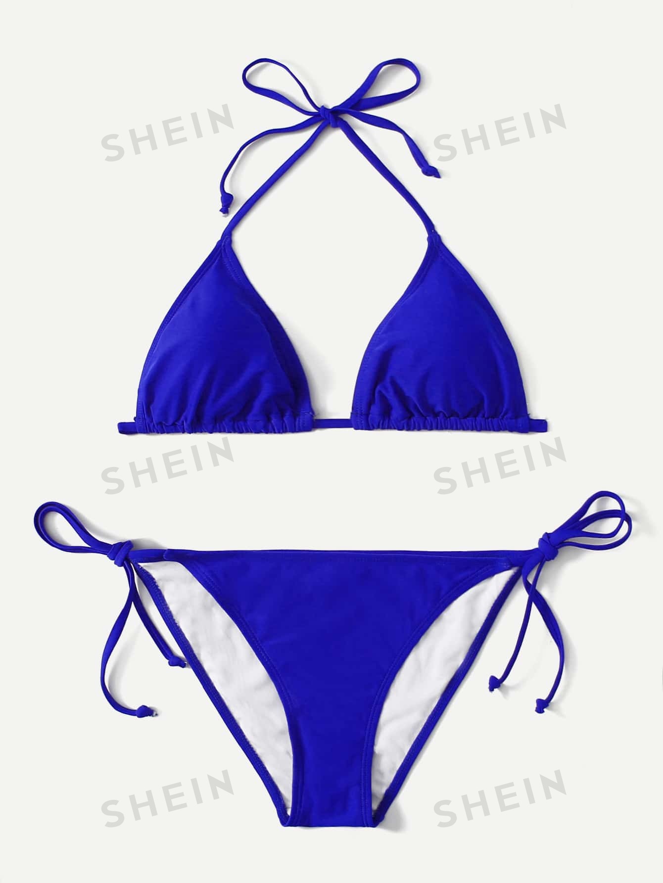 цена SHEIN Swim Vcay Женский комплект бикини с цветочной текстурой и вырезом через шею, королевский синий