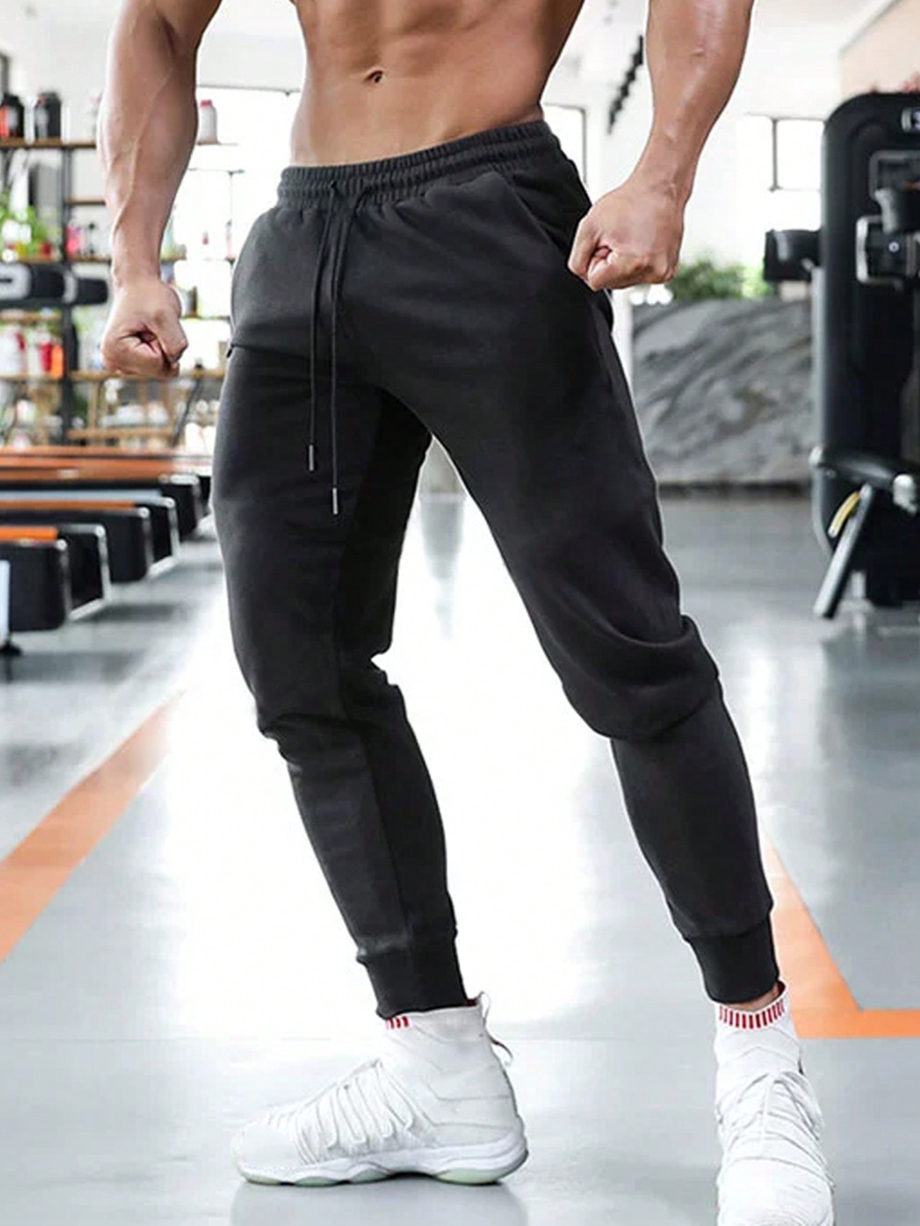 SHEIN Sport PWRUP Мужские однотонные спортивные штаны с завязками на талии, темно-серый цена и фото