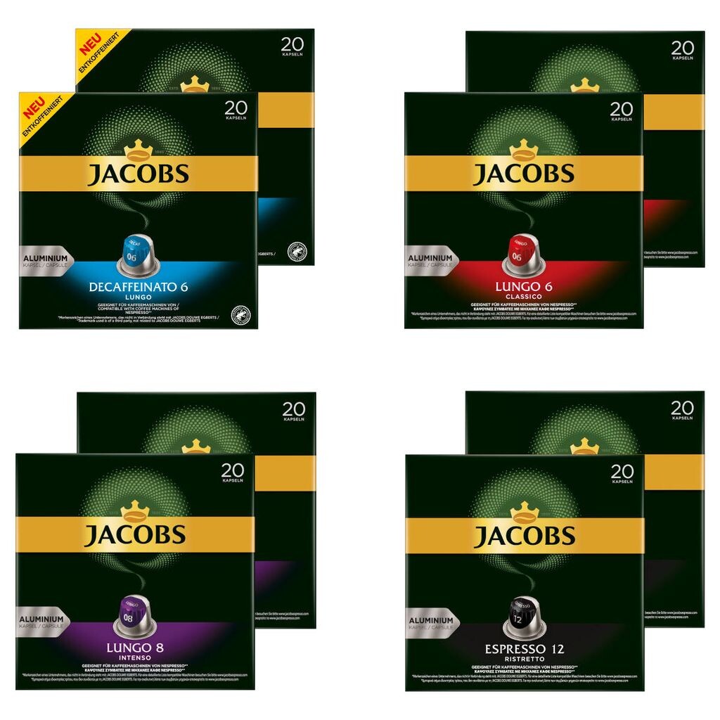 

Капсулы JACOBS, совместимые с Nespresso*, по 20 капсул Lungo 6 Classico + Decaffeinato 6 Lungo + Lungo 8 Intenso + Espresso 12 Ristretto – всего 160 напитков