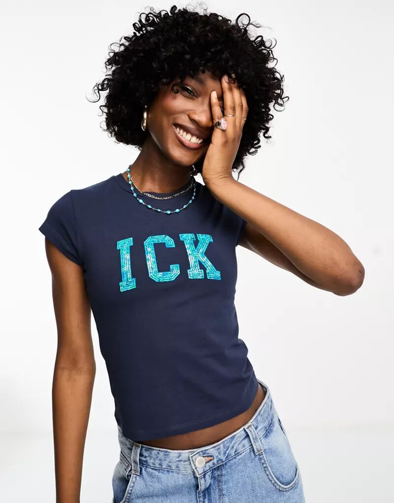 Темно-синяя укороченная футболка с надписью ICK ASOS