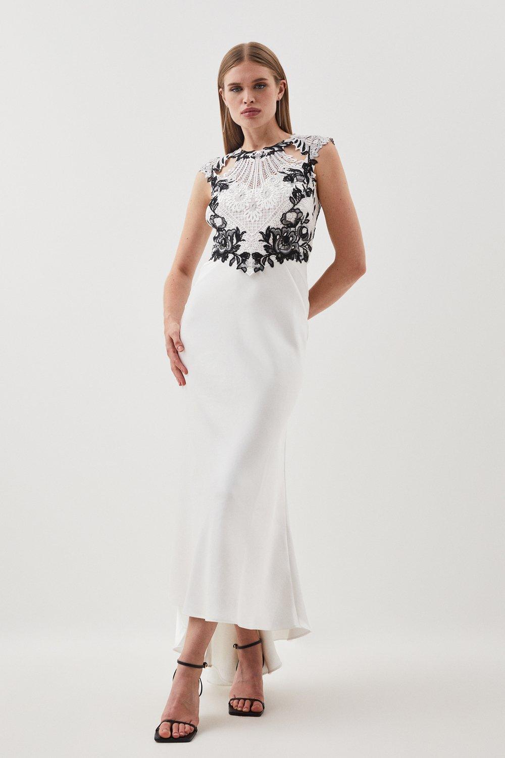 Миниатюрное гипюровое кружевное атласное платье макси Karen Millen, белый
