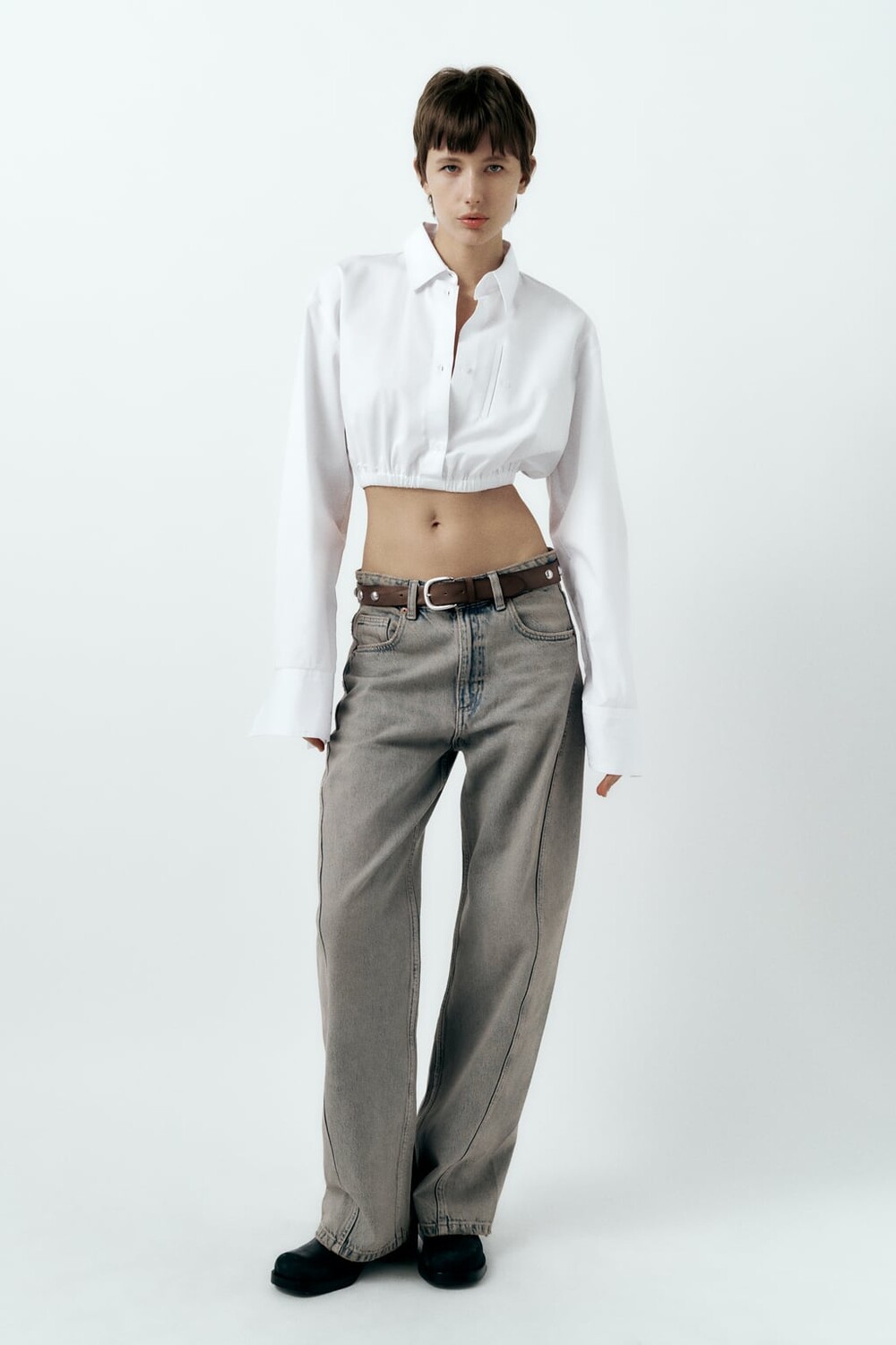 

Укороченная рубашка из габардина ZARA, белый