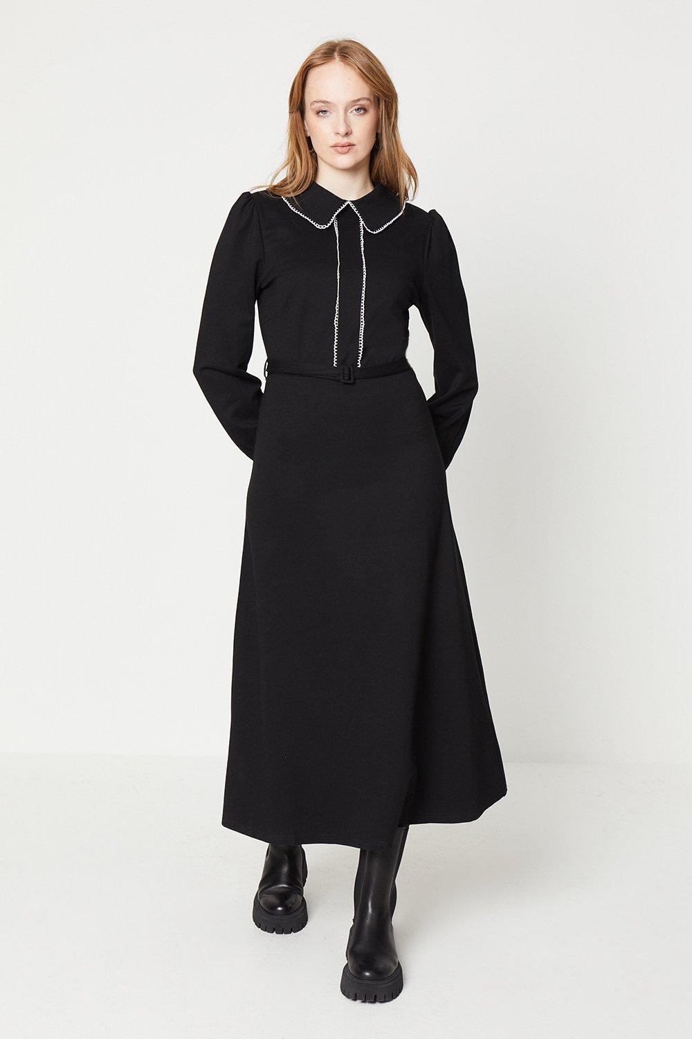 Платье миди из понте с контрастной строчкой и фестончатым воротником и поясом Oasis, черный