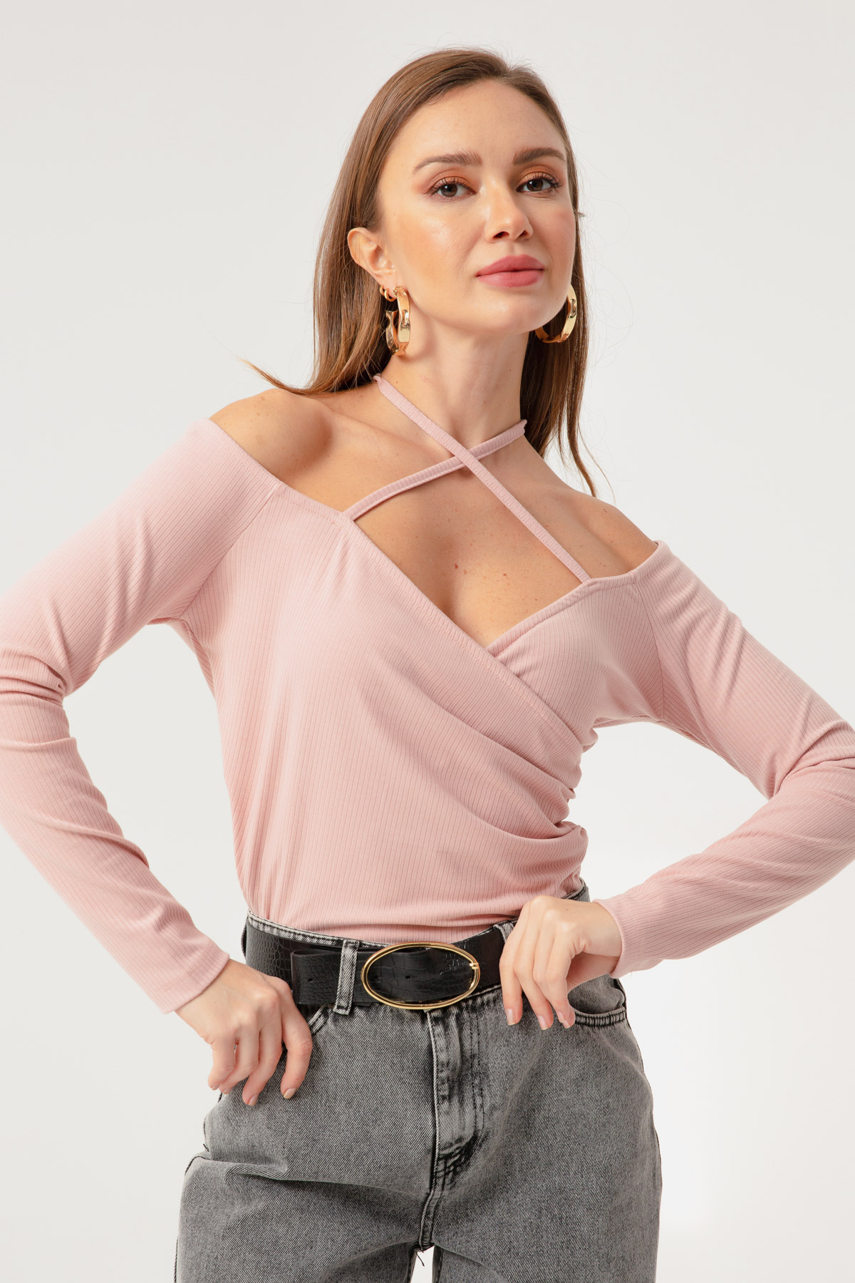 Женская трикотажная блузка пудрового цвета с завязками Lafaba, розовый