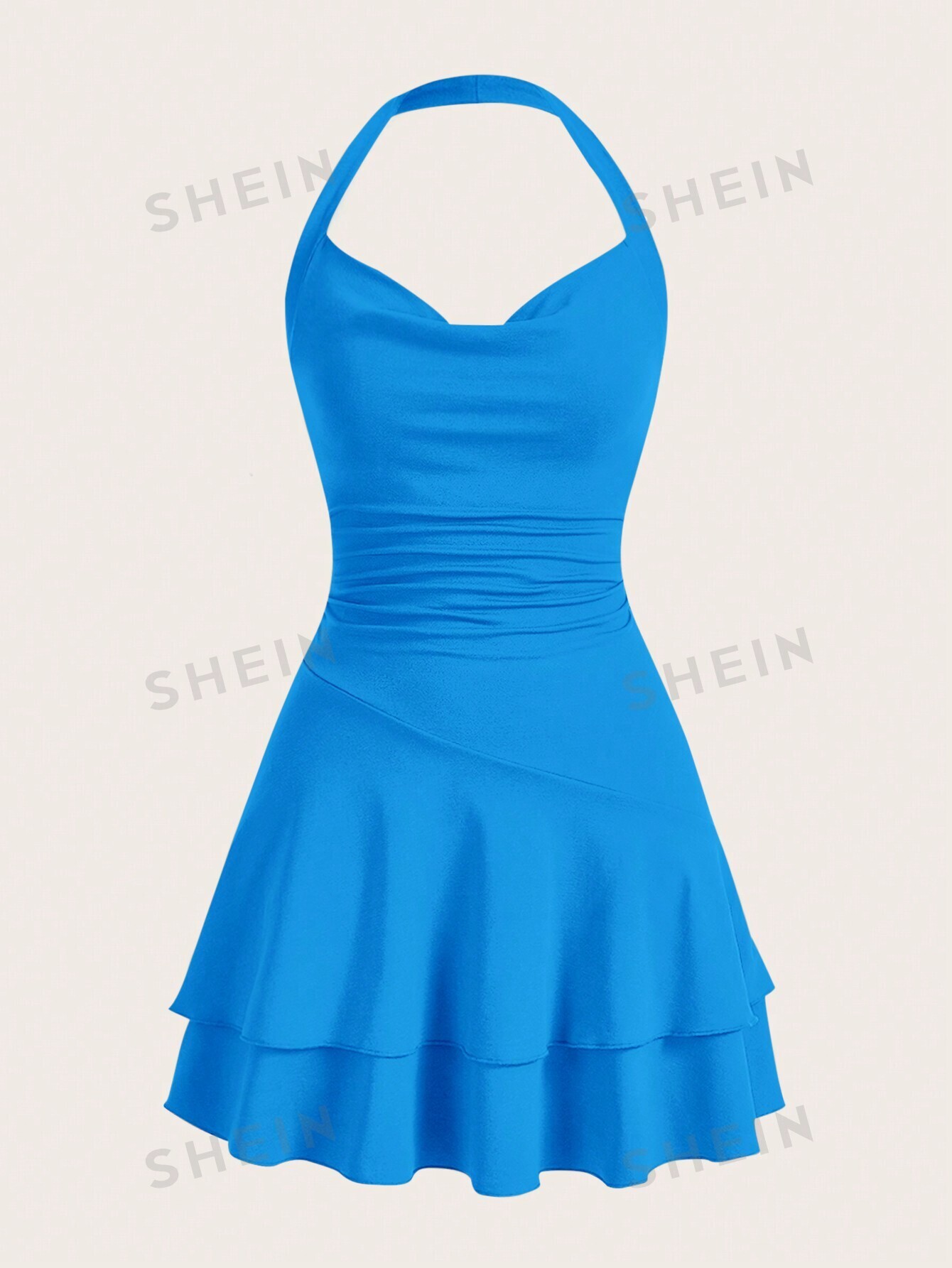 цена SHEIN MOD однотонное женское платье с бретелькой на шее и многослойным подолом, синий