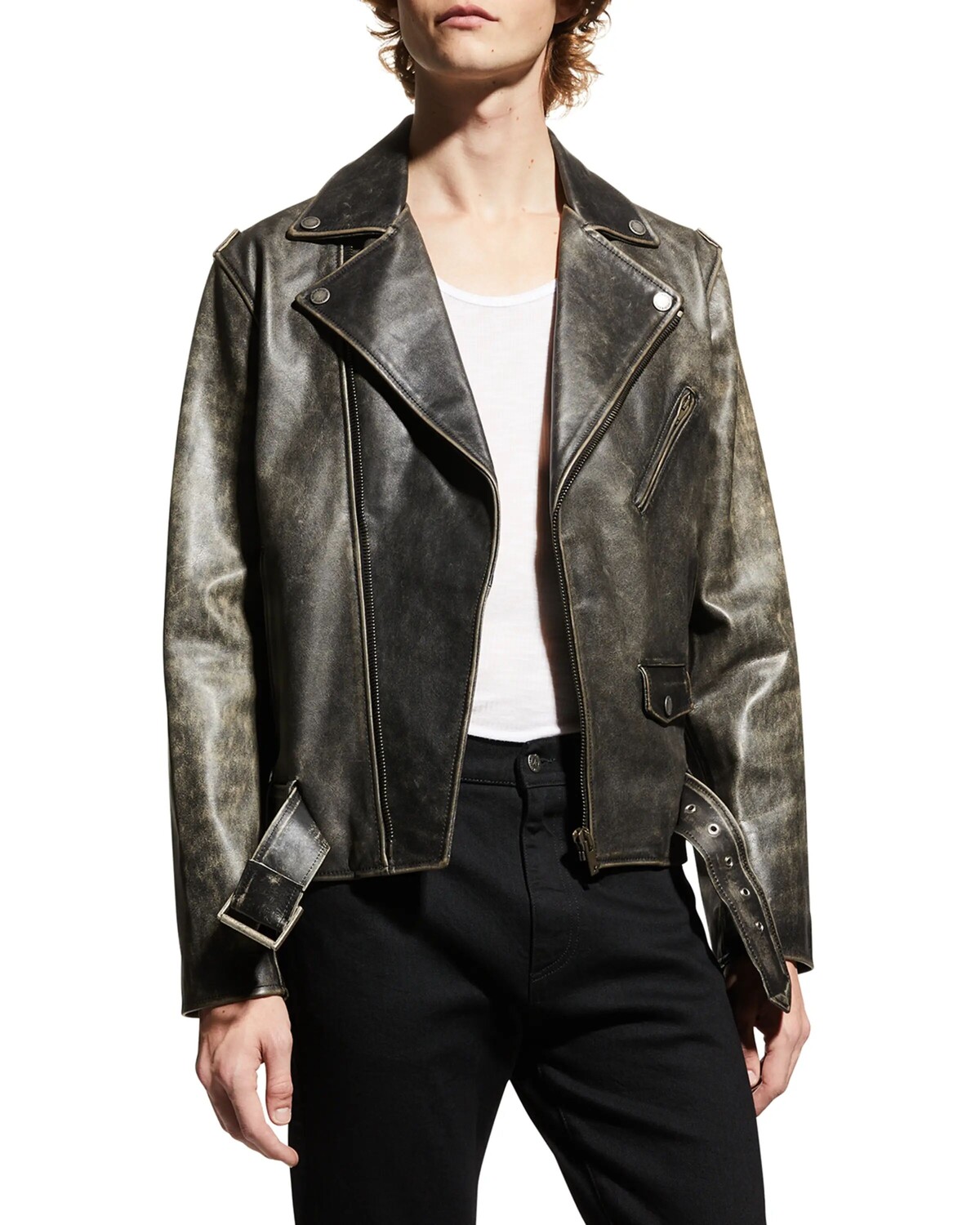 

Мужская кожаная куртка в стиле мото с потертостями Golden Goose, цвет Black