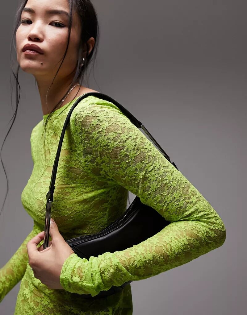 

Светло-зеленый кружевной топ с длинными рукавами и овальной спинкой Topshop