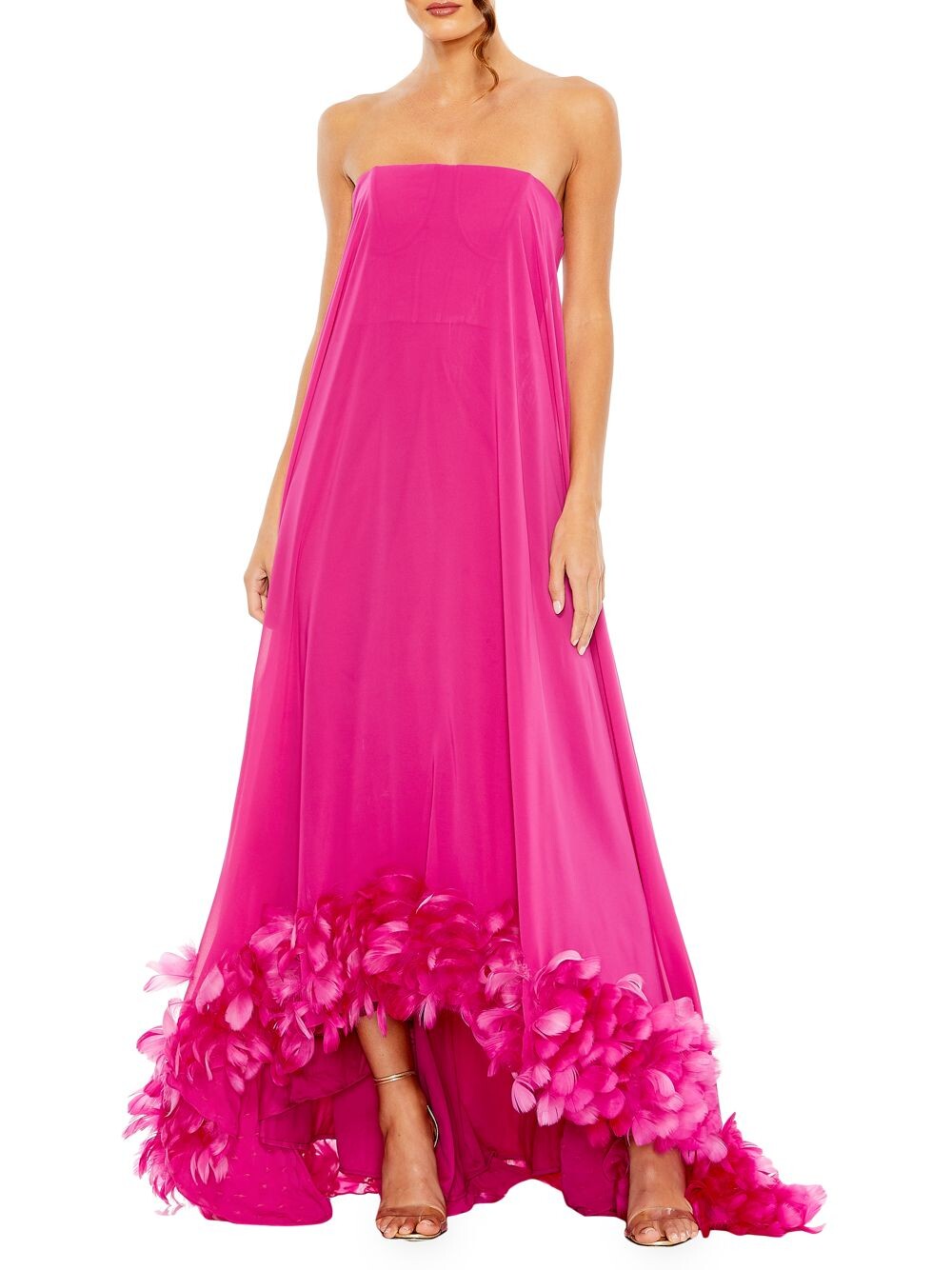 

Шифоновое платье без бретелек с перьями Mac Duggal, фуксия, Розовый
