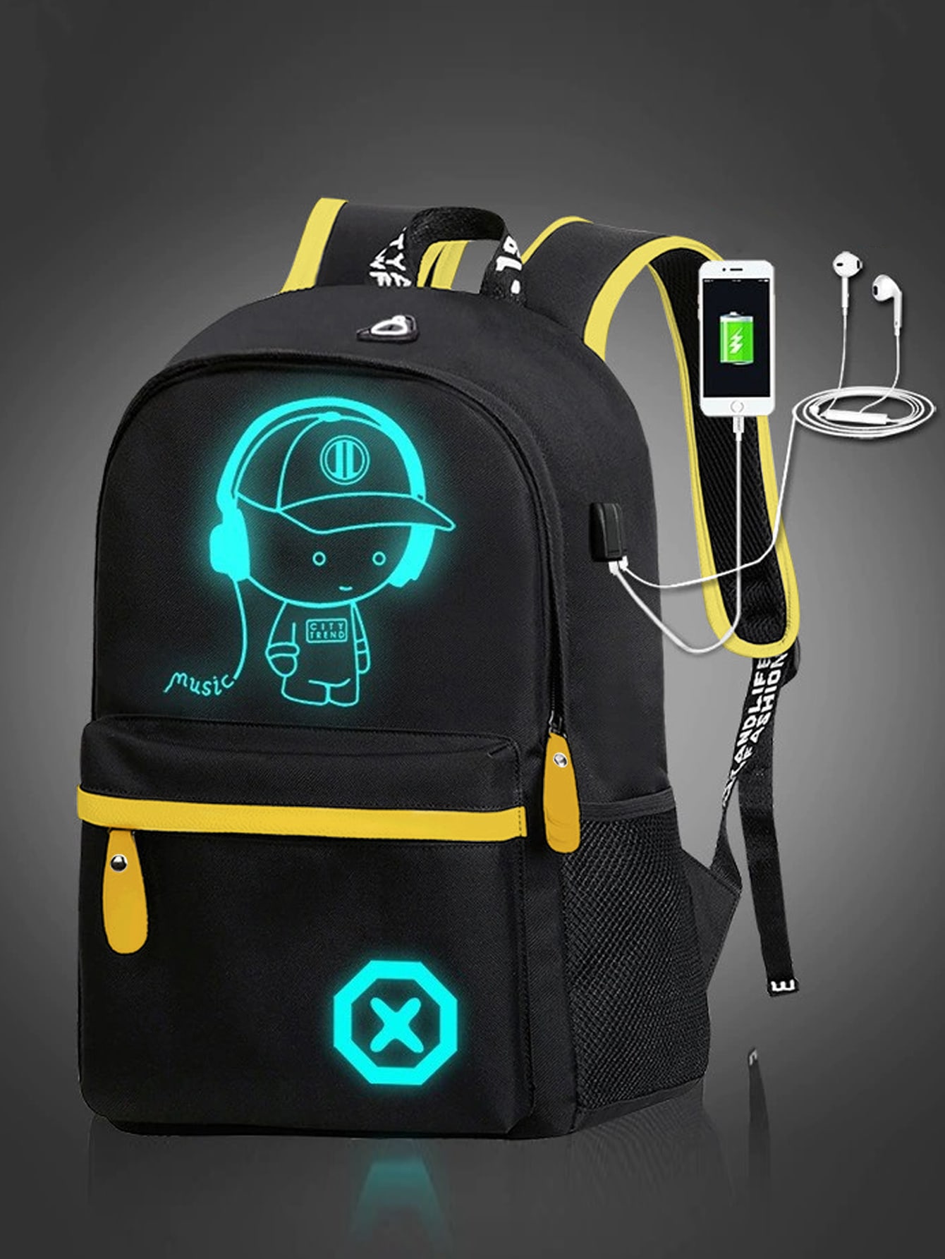 Простой и легкий рюкзак с флуоресцентным ночником / сумка на плечо, черный простой и легкий рюкзак с флуоресцентным ночником сумка на плечо черный