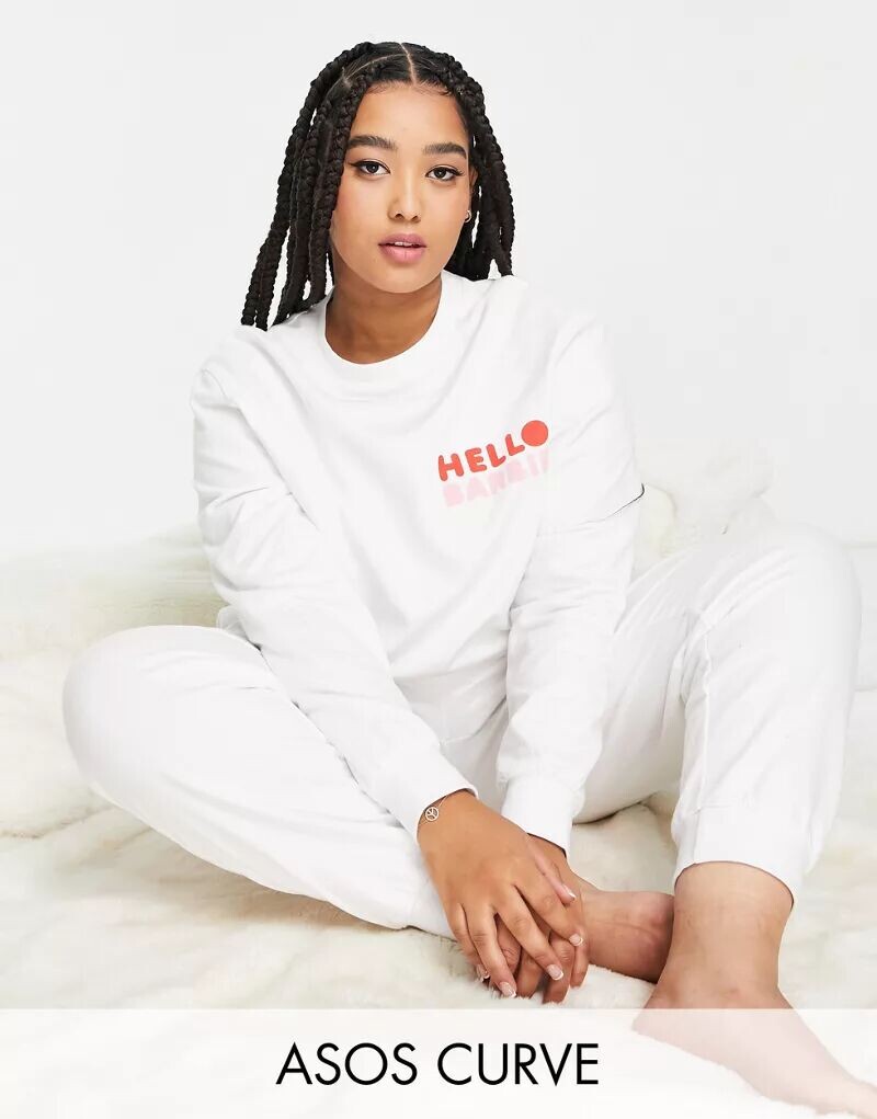 

Белый комплект из свитшота и джоггеров для отдыха ASOS DESIGN Curve Barbie x Hello Kitty