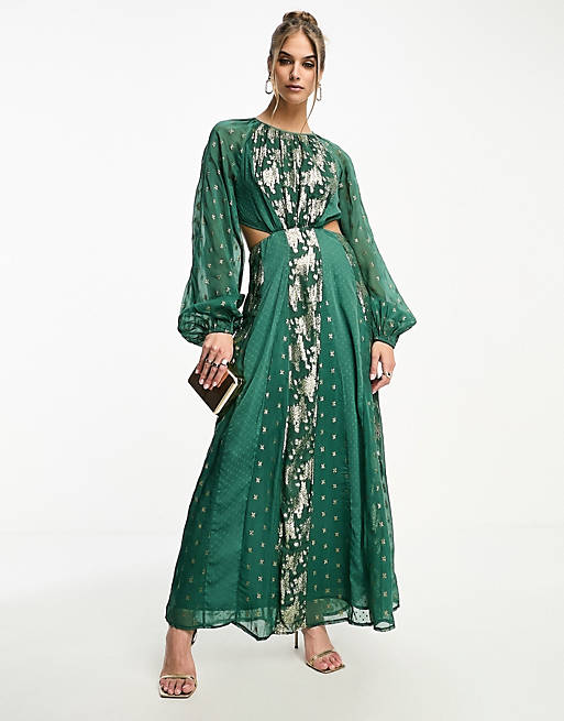 Жаккардовое платье миди цвета металлик с эластичной спинкой ASOS DESIGN сосново-зеленого цвета