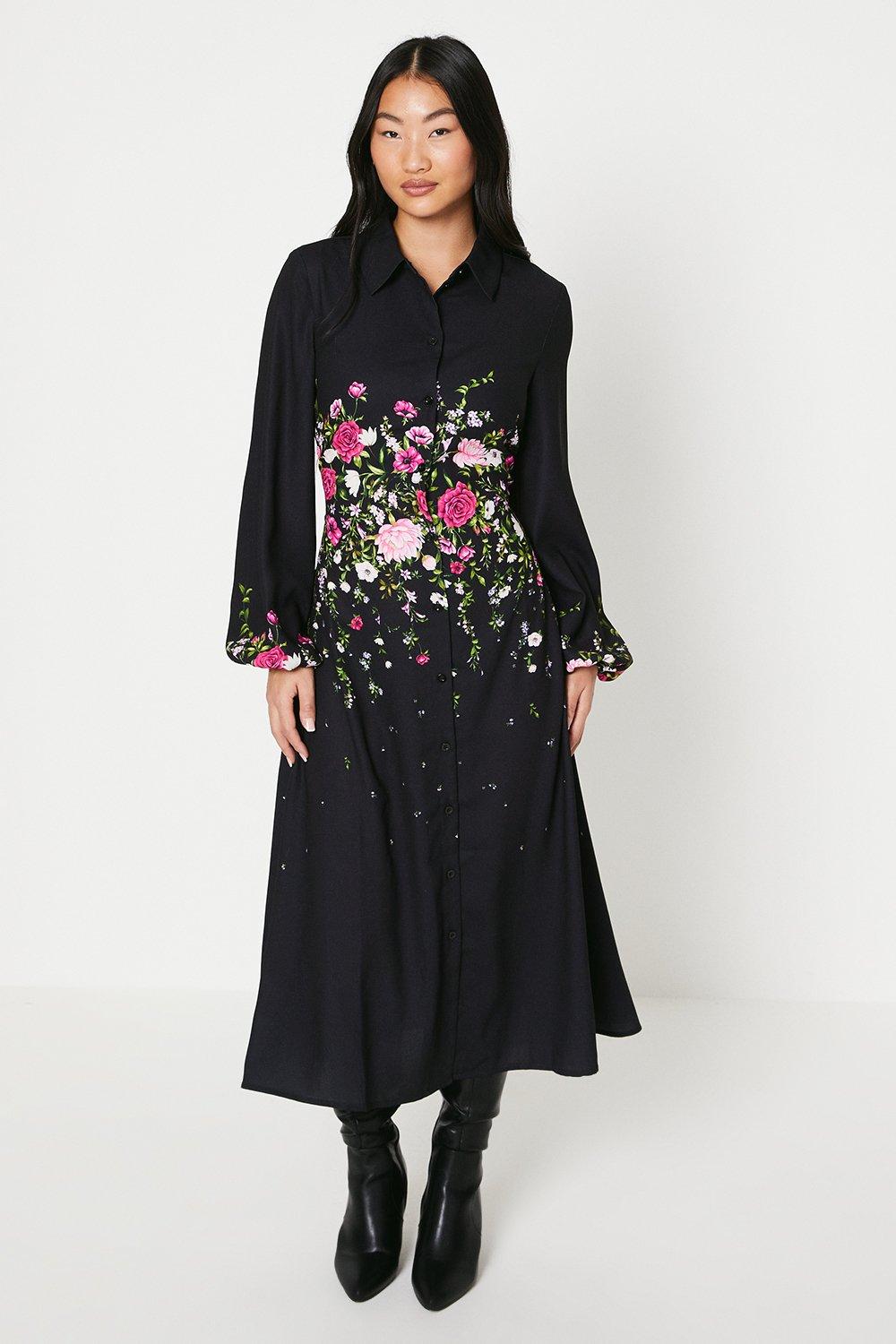 цена Платье-рубашка миди Petite с цветочным принтом Oasis, черный
