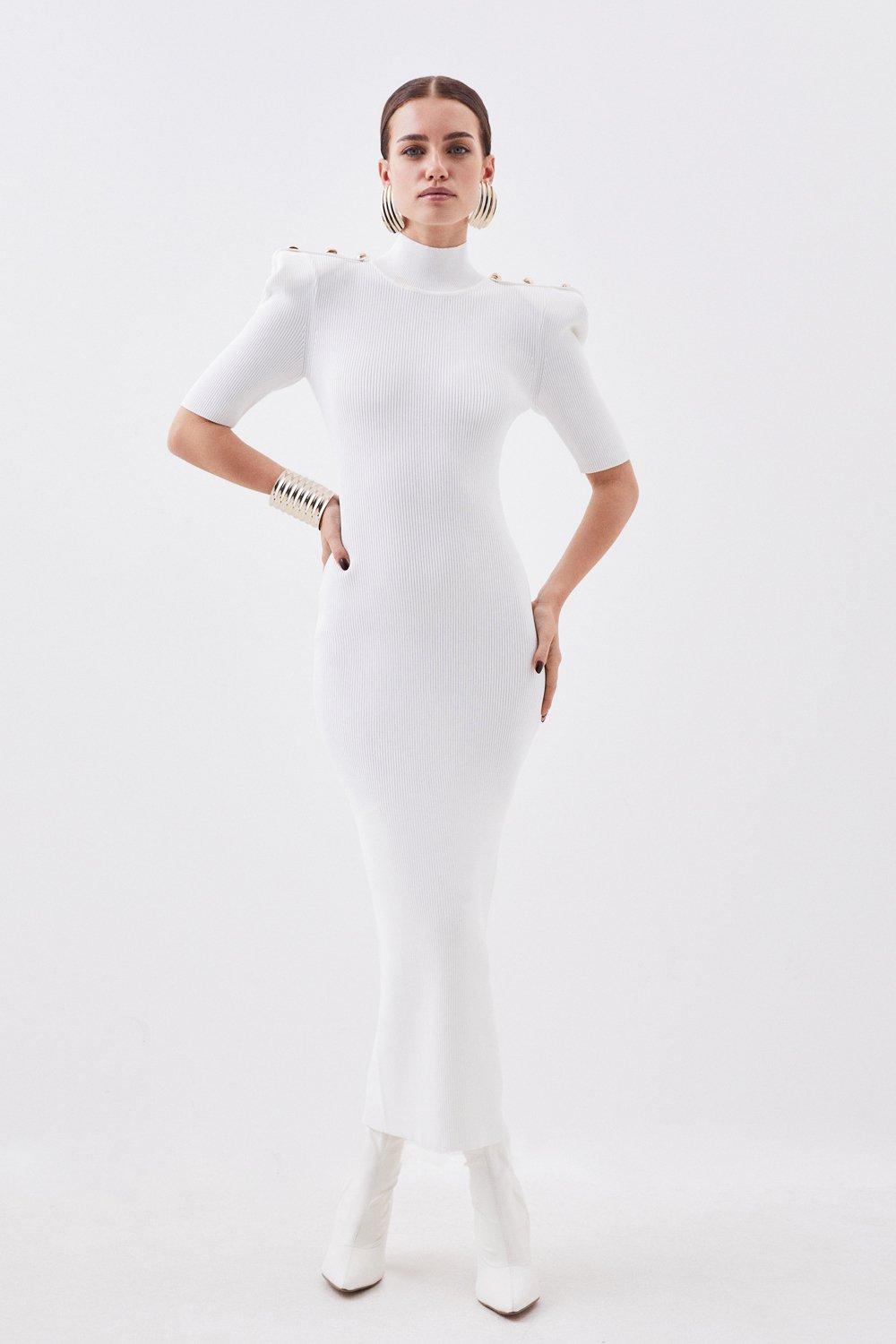цена Миниатюрное платье макси из смесовой вискозы в рубчик с мощными плечами и отделкой в ​​стиле милитари Karen Millen, белый
