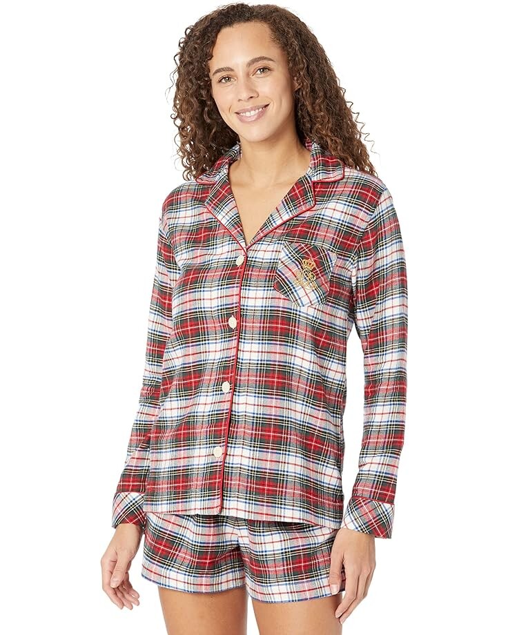

Пижамный комплект LAUREN Ralph Lauren Long Sleeve Notch Collar Boxer PJ Set, цвет Ivory Plaid