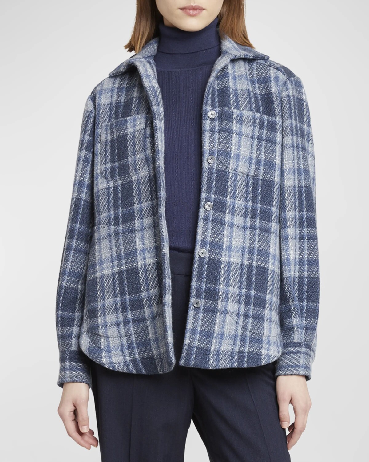 

Кашемировая куртка-рубашка в клетку Kiton, цвет Lt Blu