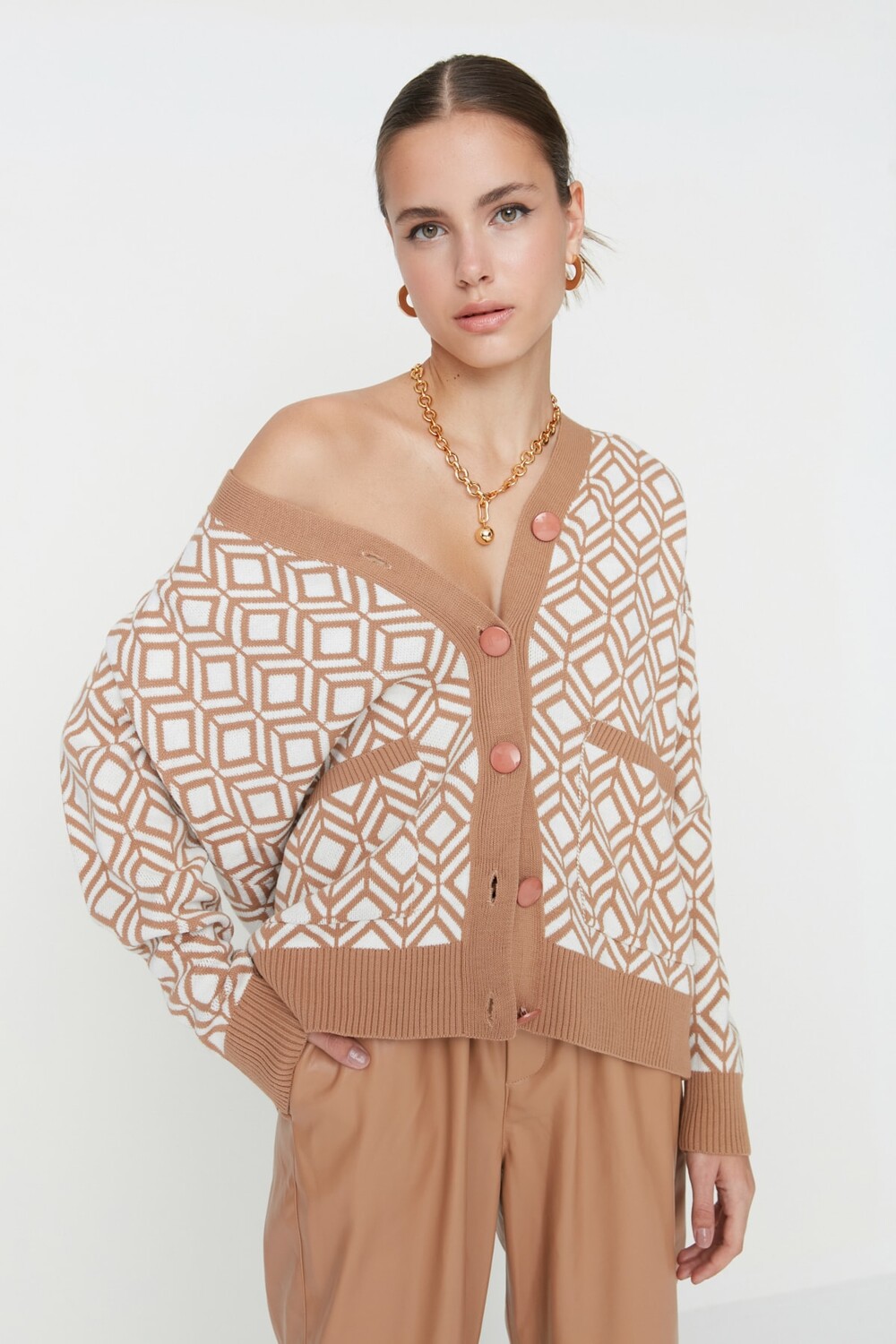 

Кардиган - Коричневый - Oversize Trendyol, коричневый