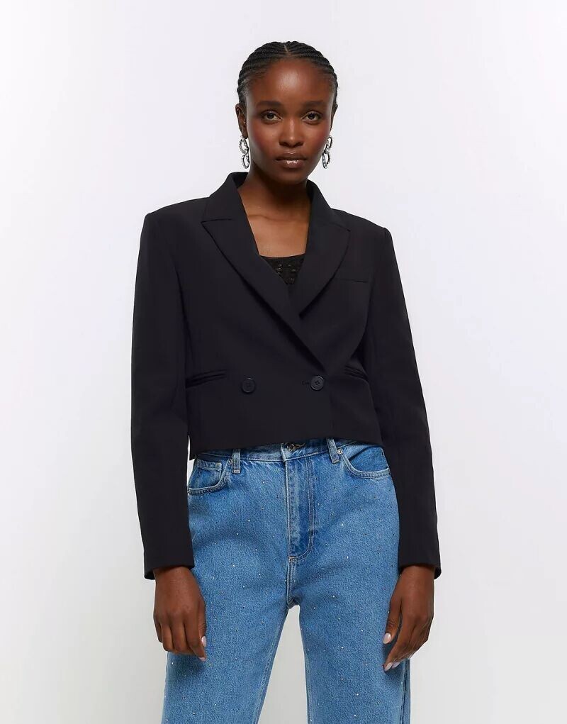 

Черный укороченный двубортный пиджак River Island