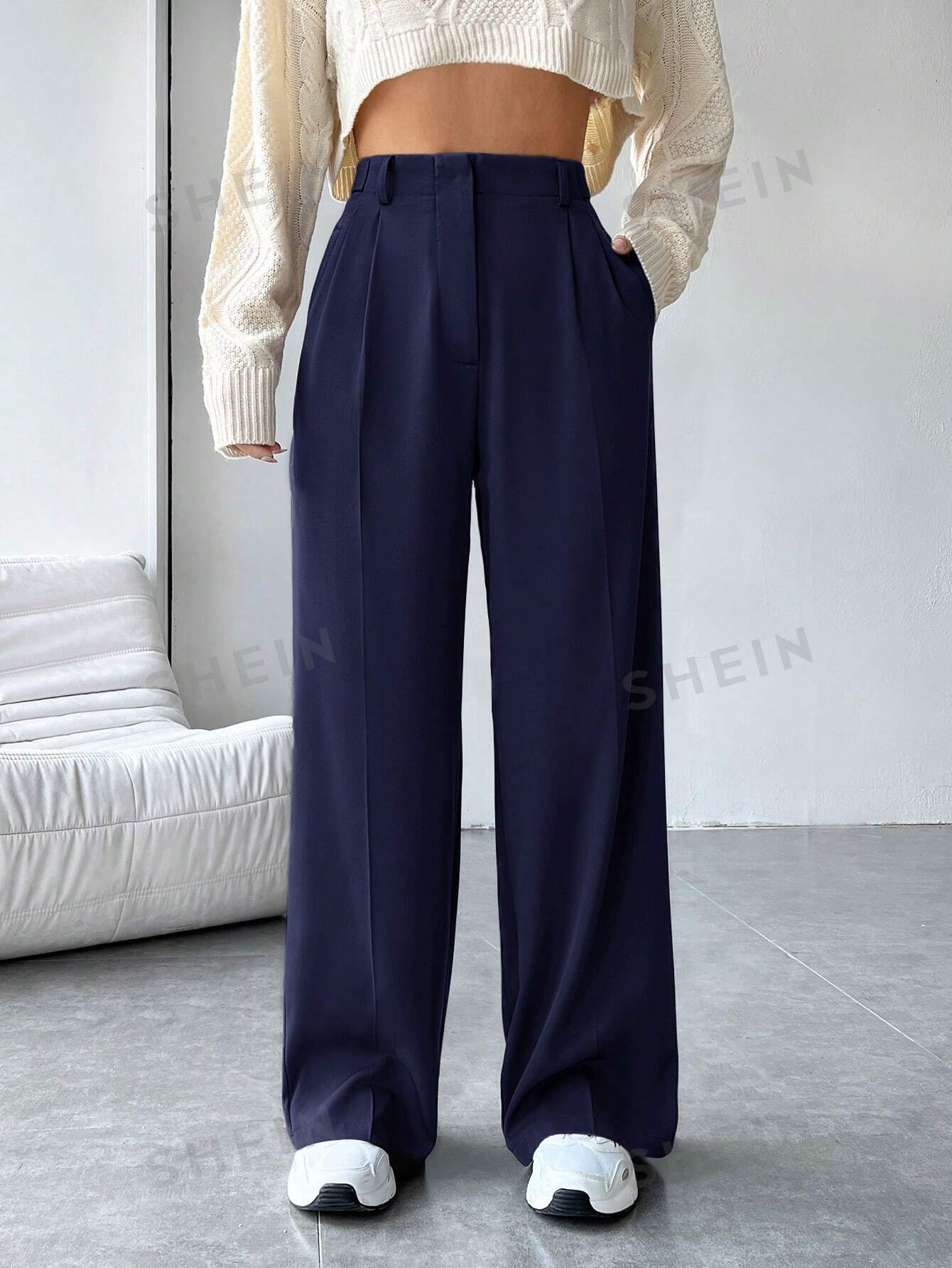 shein essnce однотонные широкие брюки со складками и наклонными карманами коричневый SHEIN EZwear Женские однотонные плиссированные костюмные брюки, королевский синий