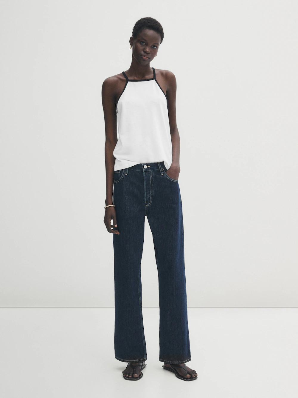 

Хлопковый топ с контрастными лемками Massimo Dutti, кремовый