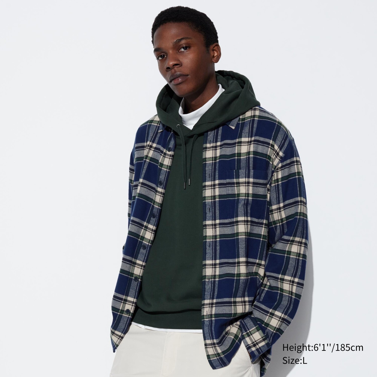 

Рубашка UNIQLO в клетку фланелевая стандартного кроя, синий